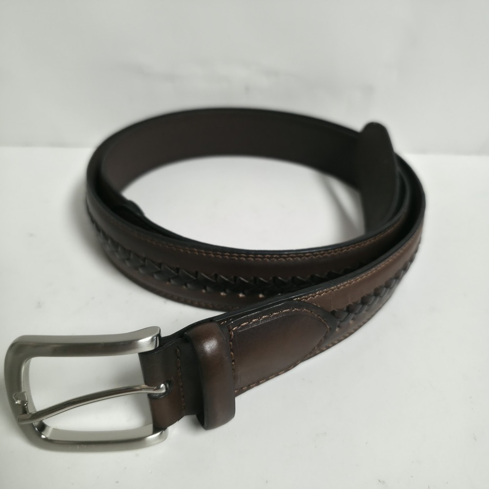 AIE Mens Brown Leather Belt Braided Center Crossweave Woven Sz 44  Dress Casual